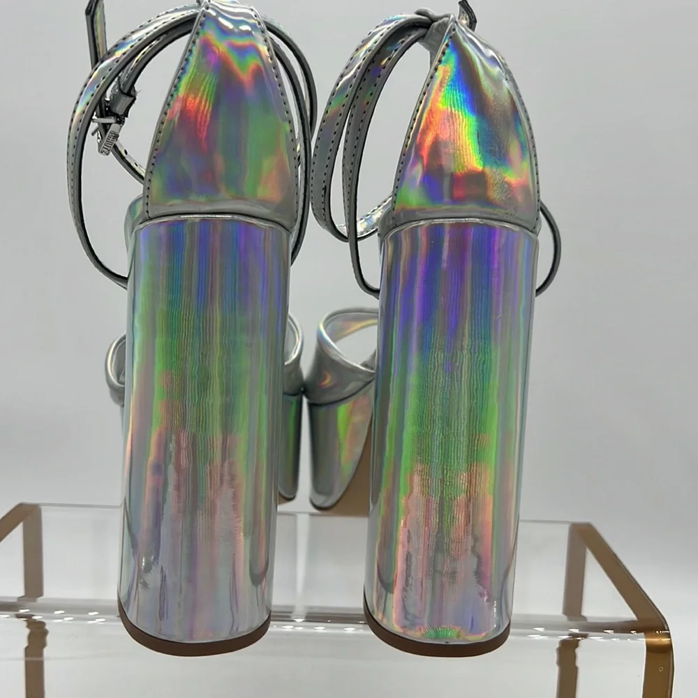 SCHUTZ NWB Aryia Metallic Faux Leather Platform Sandals Spechio Holographic